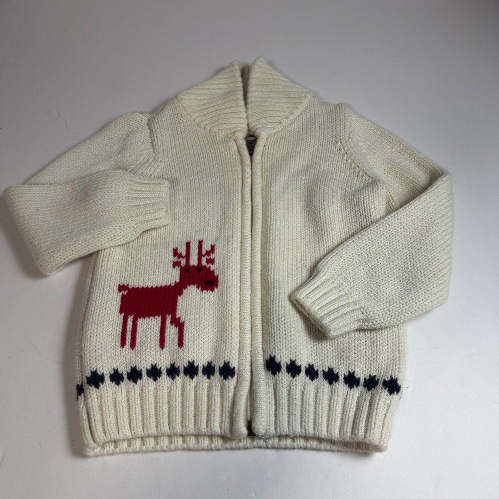 Hanna Andersson Kids Reindeer Holiday Zip Up Cardigan Sweater Cream 2T 85cm